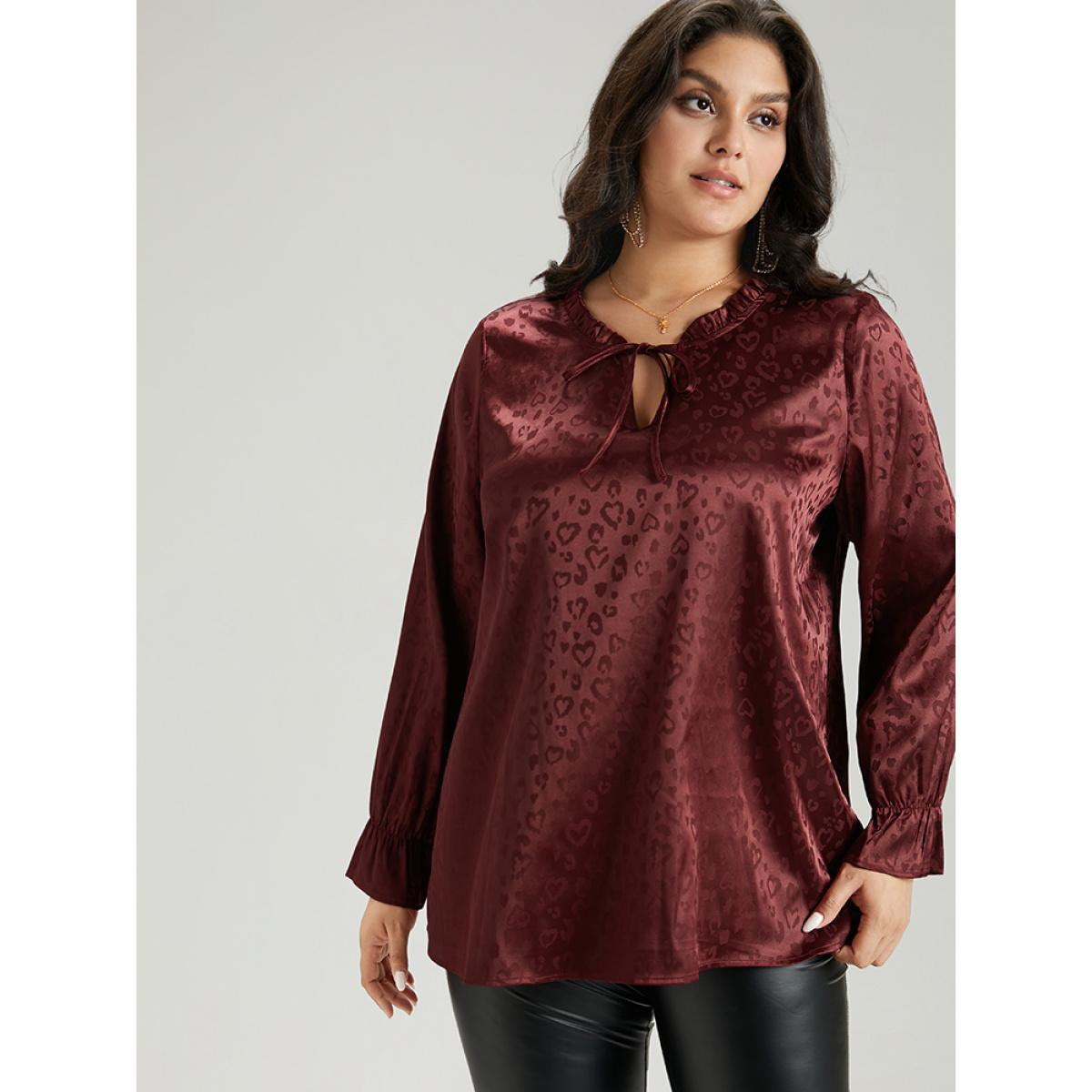 Plus Size Scarlet Solid Knot Neck Frill Trim Flutter Sleeve Blouse Women Glamour Long Sleeve Tie Neck Festival-Christmas Blouses BloomChic 10/M Product Image