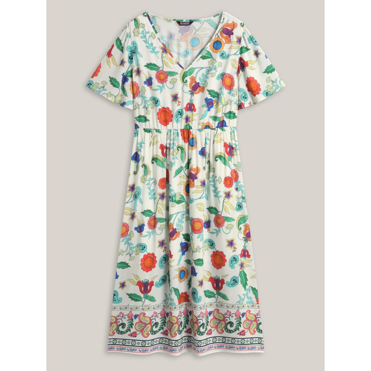 Plus Size Sunkissed Floral V-Neck Pockets Midi Dress Multicolor Women V-neck Short sleeve Curvy BloomChic 14-16/1X Product Image