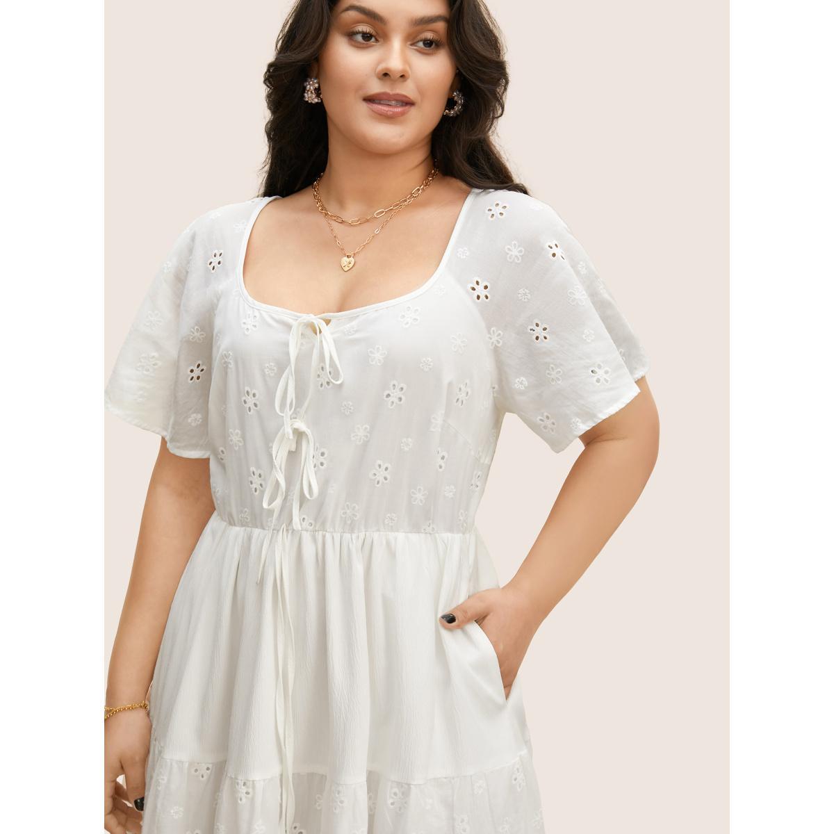 Plus Size Broderie Anglaise Ties Ruffle Layered Hem Dress Originalwhite Women Elegant Tie knot V-neck Short sleeve Curvy BloomChic 10/M Product Image