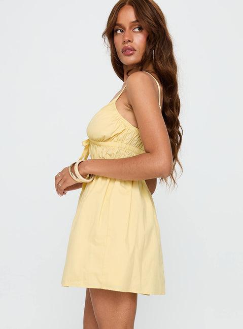 Viviette Ruched Mini Dress Lemon Product Image