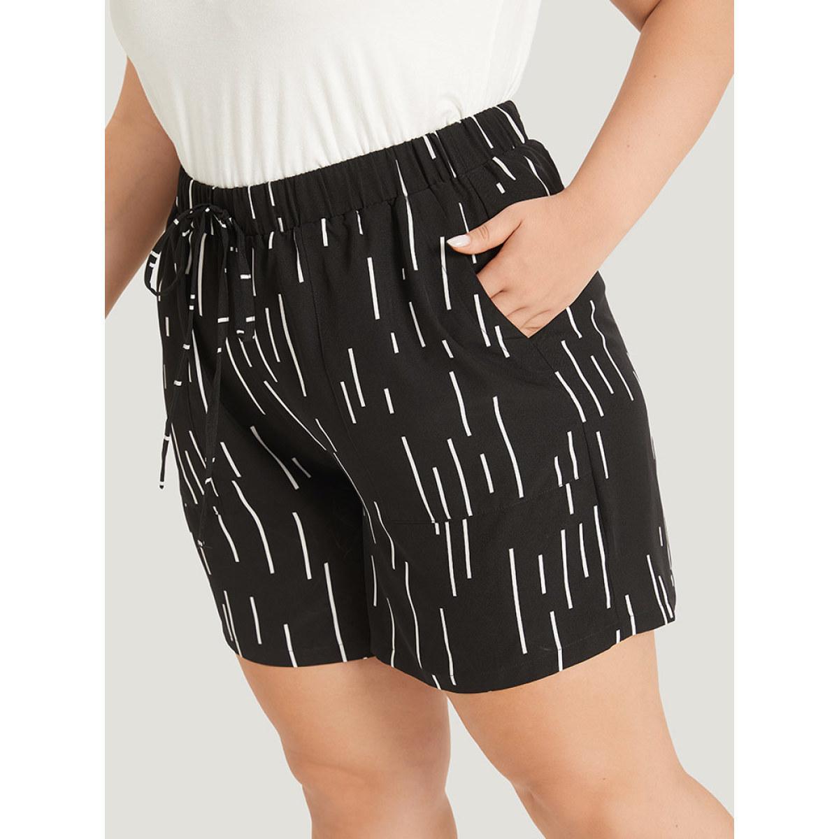 Plus Size Striped Print Ties Slant Pocket Elastic Waist Shorts Women Black Elegant Cross straps Dailywear Shorts BloomChic 14-16/1X Product Image