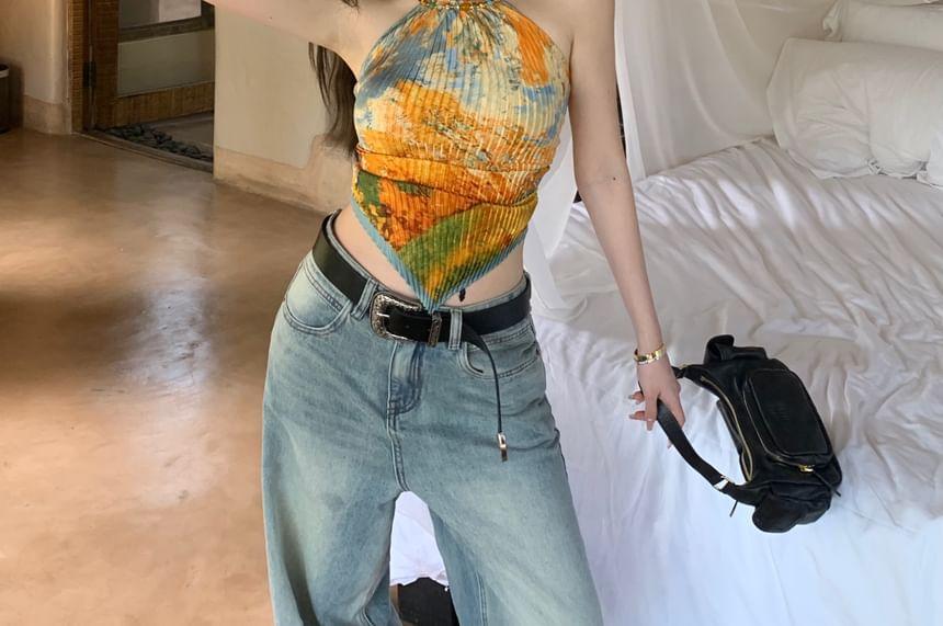 Halter Patterned Print Pleated Beaded Top Product Image