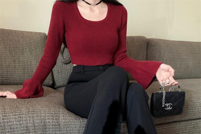 High Waist Furry Hem Bootcut Pants Product Image