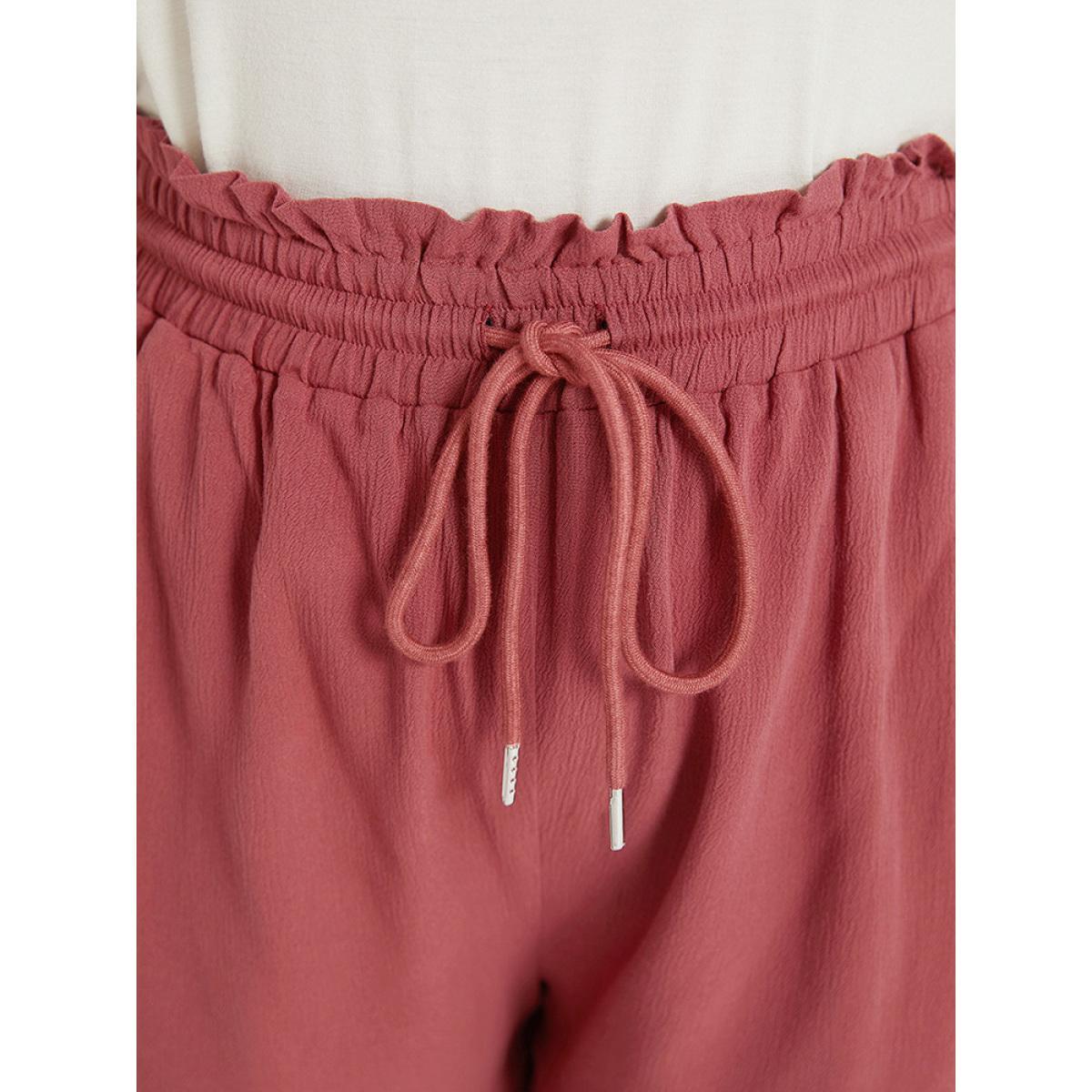 Plus Size Plain Textured Pocket Paperbag Waist Drawstring Split Side Shorts Women Russet Elegant Plain Dailywear Shorts BloomChic 12/L Product Image