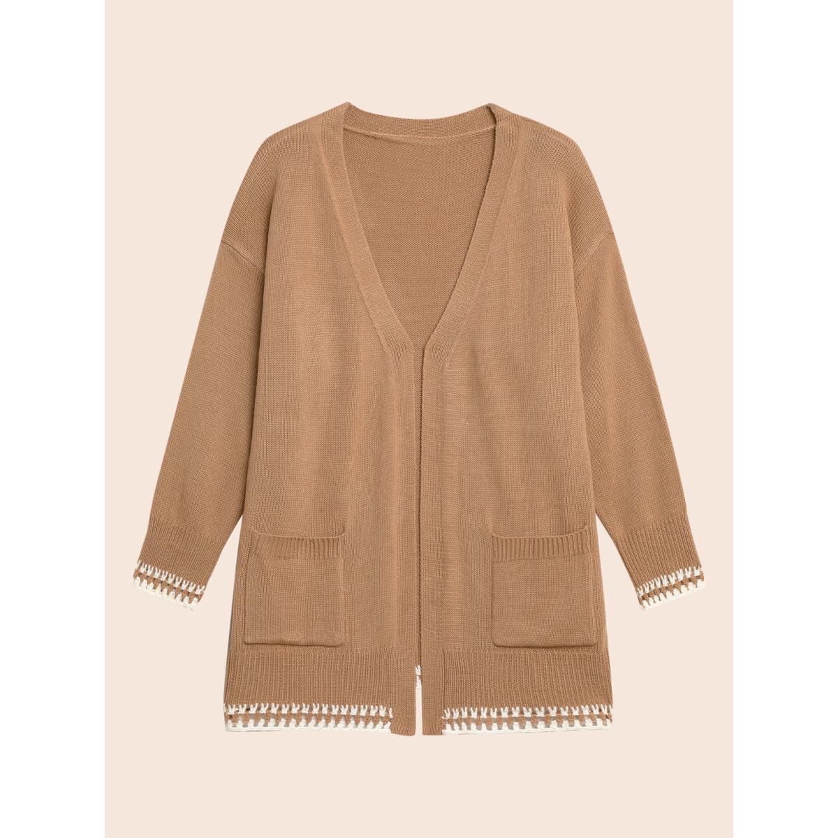 Plus Size Crochet Contrast Wool Blend Cardigan Tan Women Casual Loose Long Sleeve Everyday Cardigans BloomChic 26/4X Product Image
