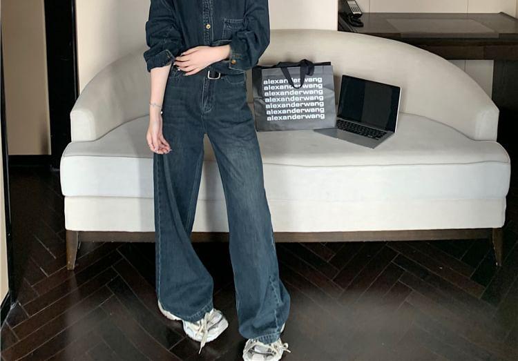 Long-Sleeve Washed Button-Up Denim Shirt / High Rise Wide Leg Jeans Product Image