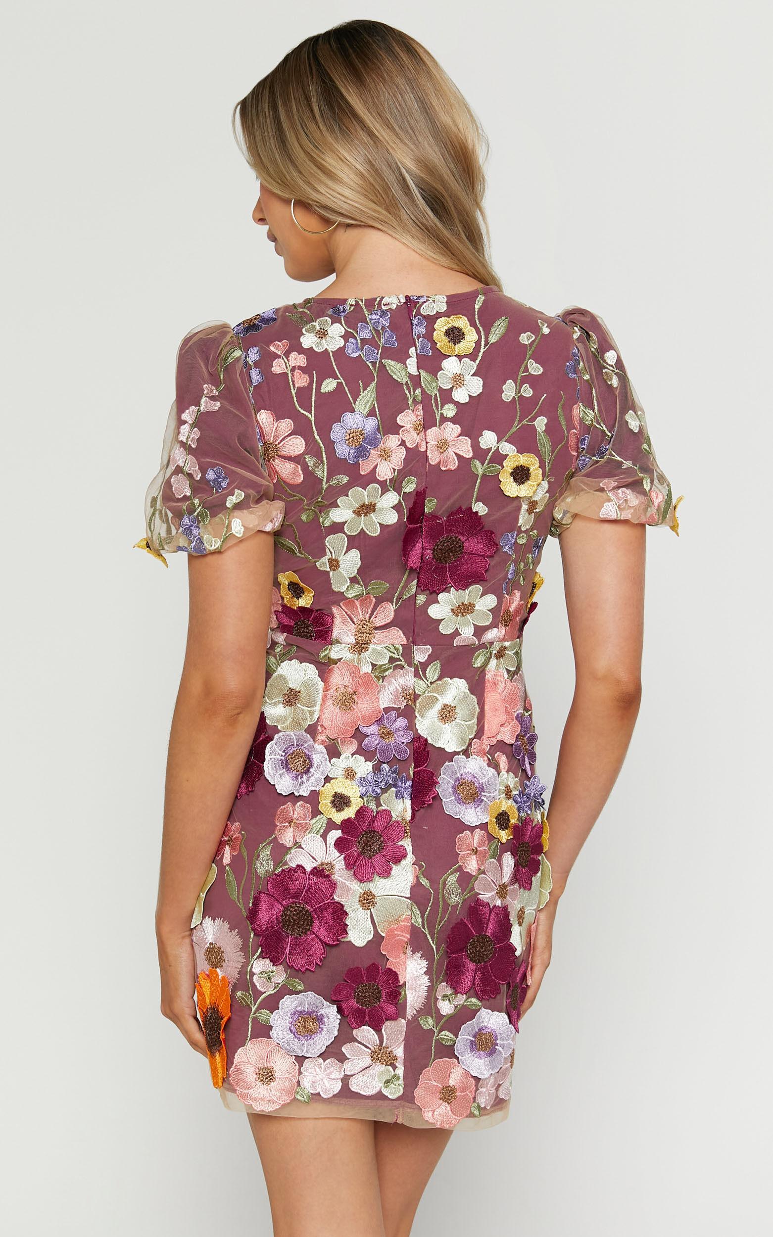 Wren Mini Dress - Puff Sleeve Bodycon 3d Garden Flowers Dress in Burgundy Product Image