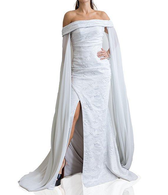 Terani Couture Off-The-Shoulder Chiffon Long Cape Sleeves Jacquard Column Gown Product Image