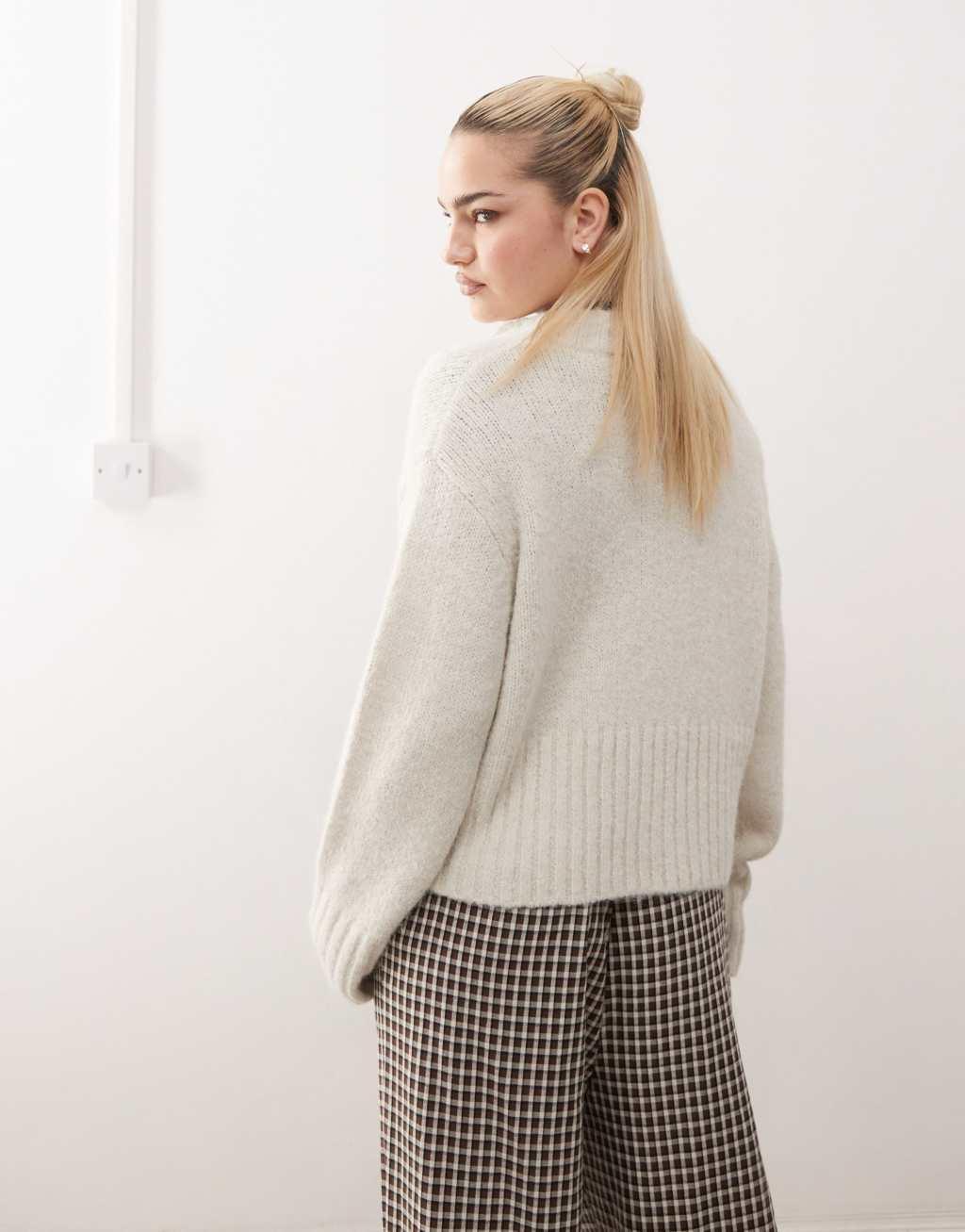 COLLUSION fluffy textured crew neck cardigan in cream Product Image