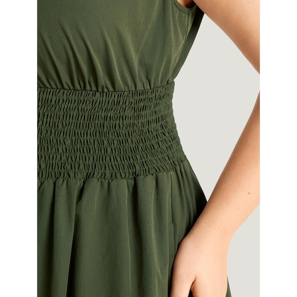 Plus Size Plain Zipper Fly Shirred Split Hem Tank Dress ArmyGreen Women Office Plain Spaghetti Strap Sleeveless Curvy Midi Dress BloomChic 26/4X Product Image