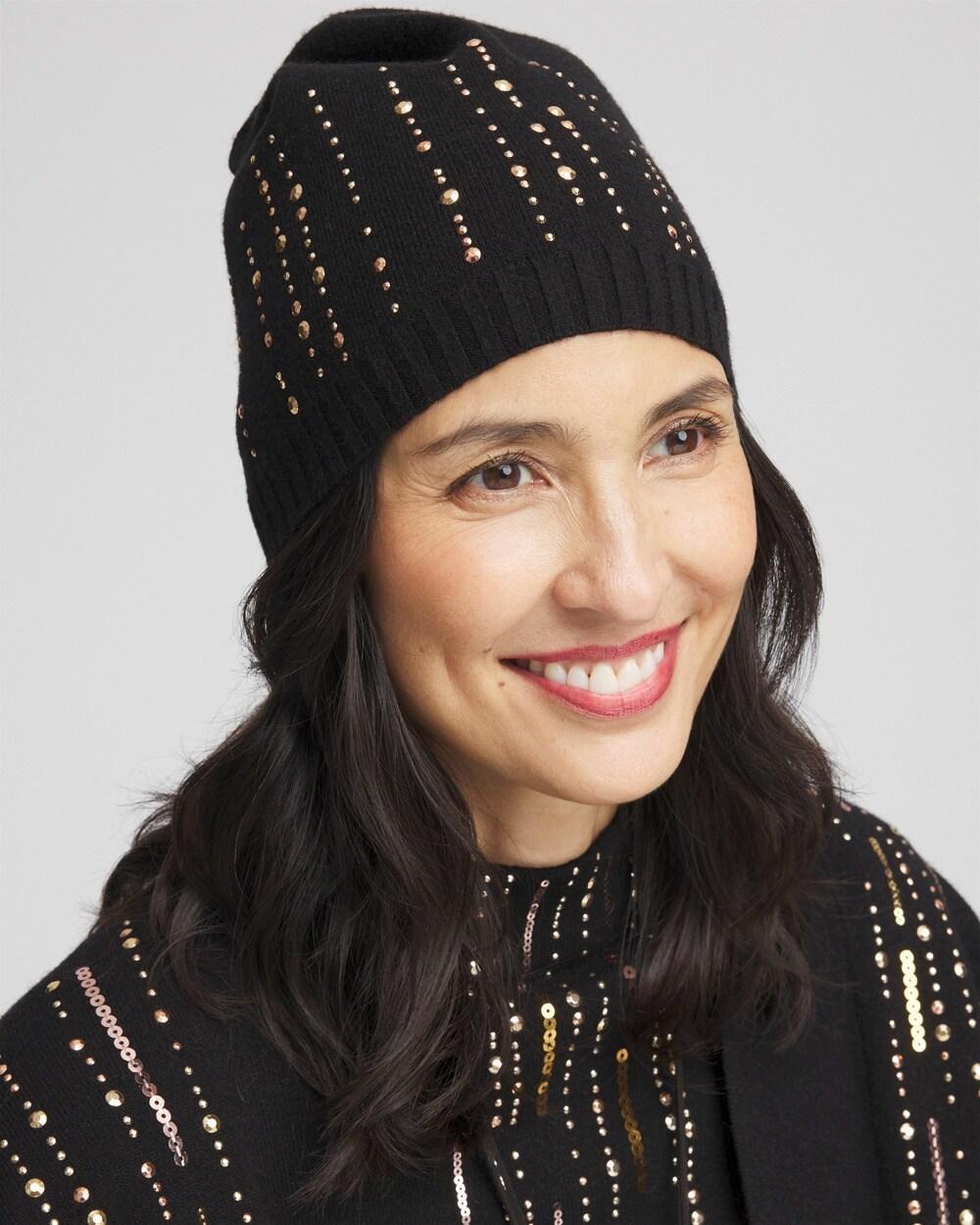 Black Embellished Knit Hat Product Image