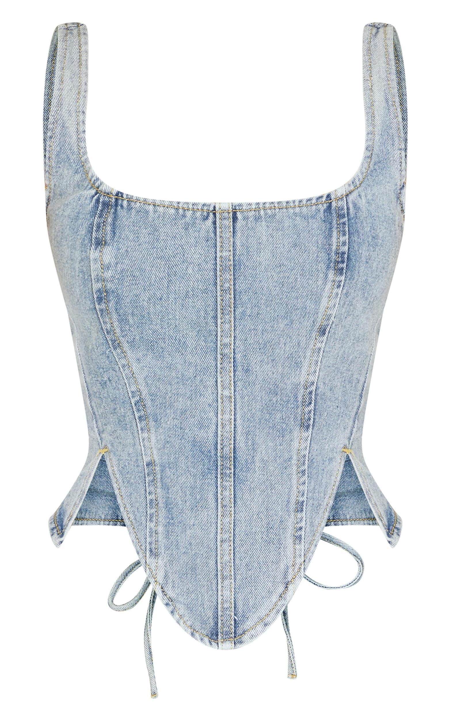 Petite Vintage Wash Denim Lace Up Corset Top Product Image