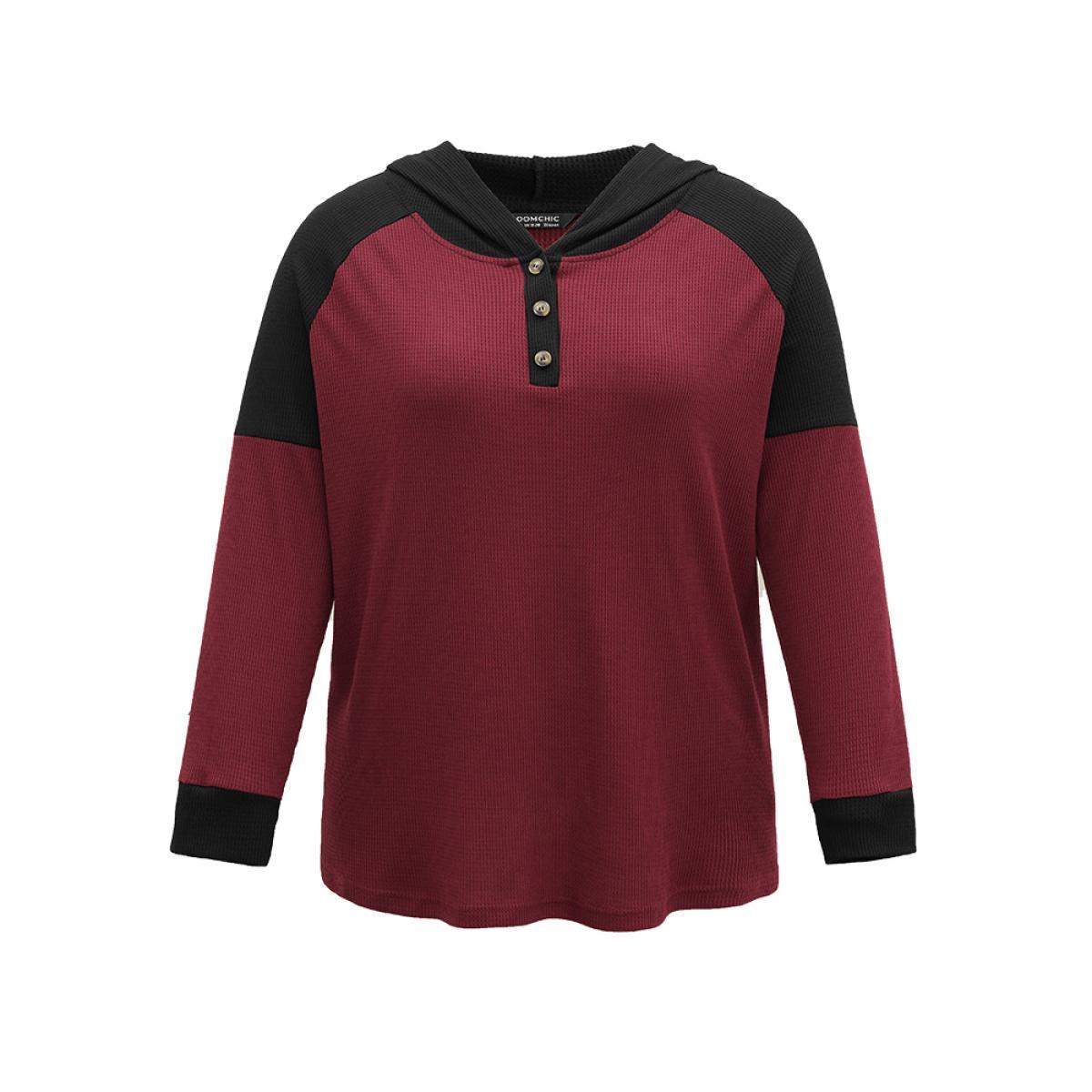Plus Size Waffle Knit Hooded Button Up Sweatshirt Women Burgundy Casual Contrast Hooded Dailywear Sweatshirts BloomChic 10/M Product Image