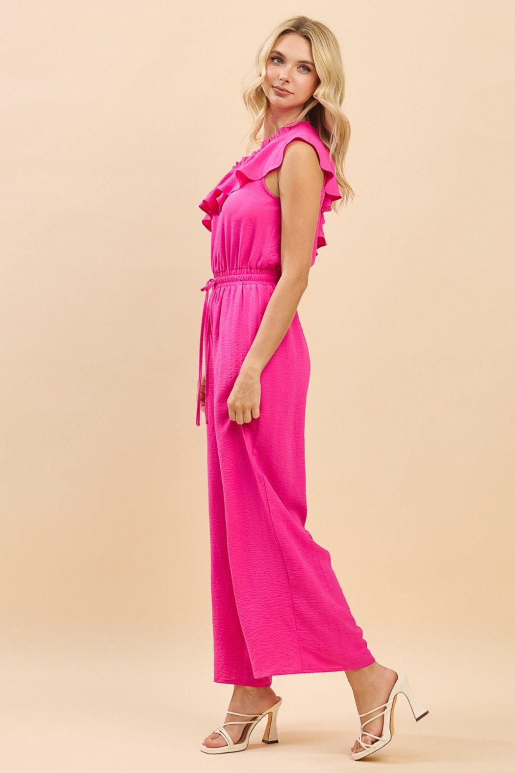 Savanna One-Shoulder Ruffle Wide Leg Jumpsuit Product Image