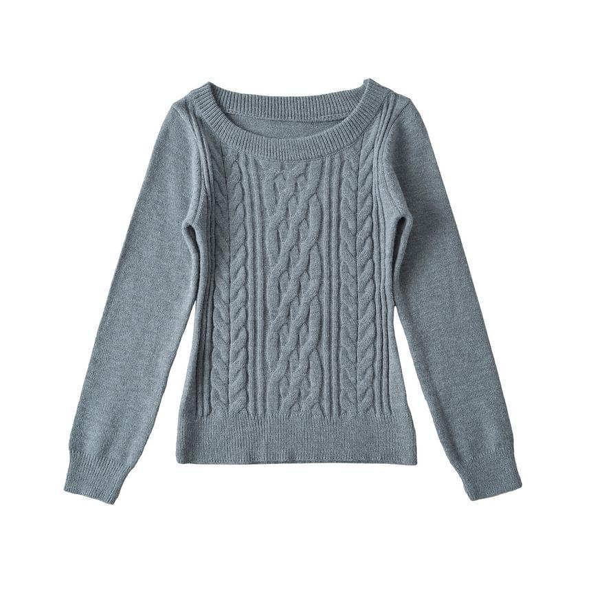 One-Shoulder Long-Sleeve Plain Cable Knit Sweater Product Image