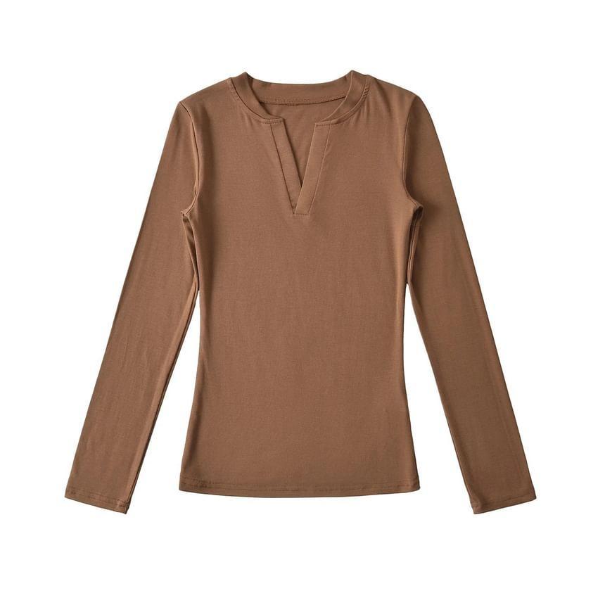 Long-Sleeve Notched Plain Top Product Image
