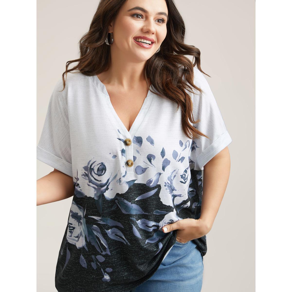 Plus Size Floral Position Print Half-Sleeve T-Shirt Multicolor Women Casual Contrast Natural Flowers Notched collar Everyday T-shirts BloomChic 18-20/2X Product Image