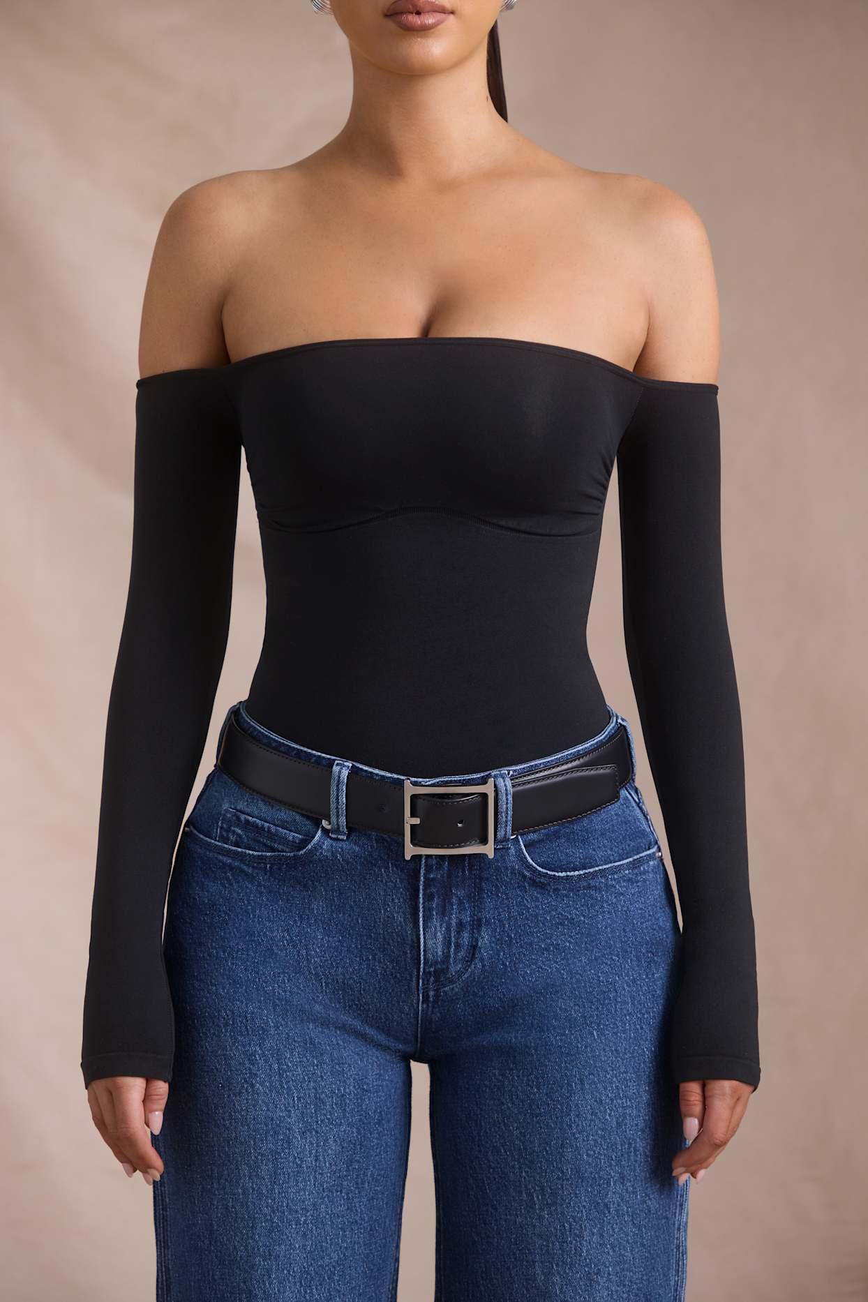 Seamless Off-Shoulder Long-Sleeve Bodysuit in Black Product Image
