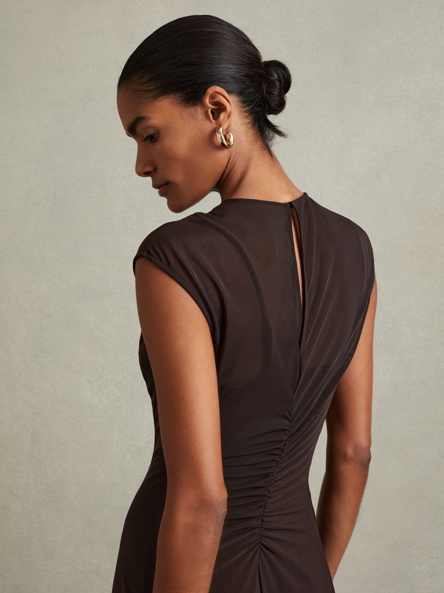 Petite Mesh Ruched Midi Dress in Chocolate Product Image