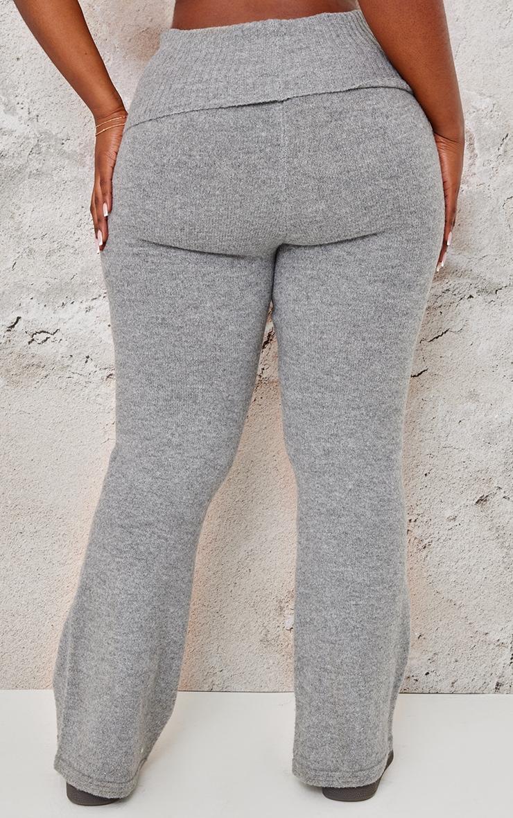 Plus Ash Grey Melange Soft Knit Foldover Waist Flared Pants Product Image