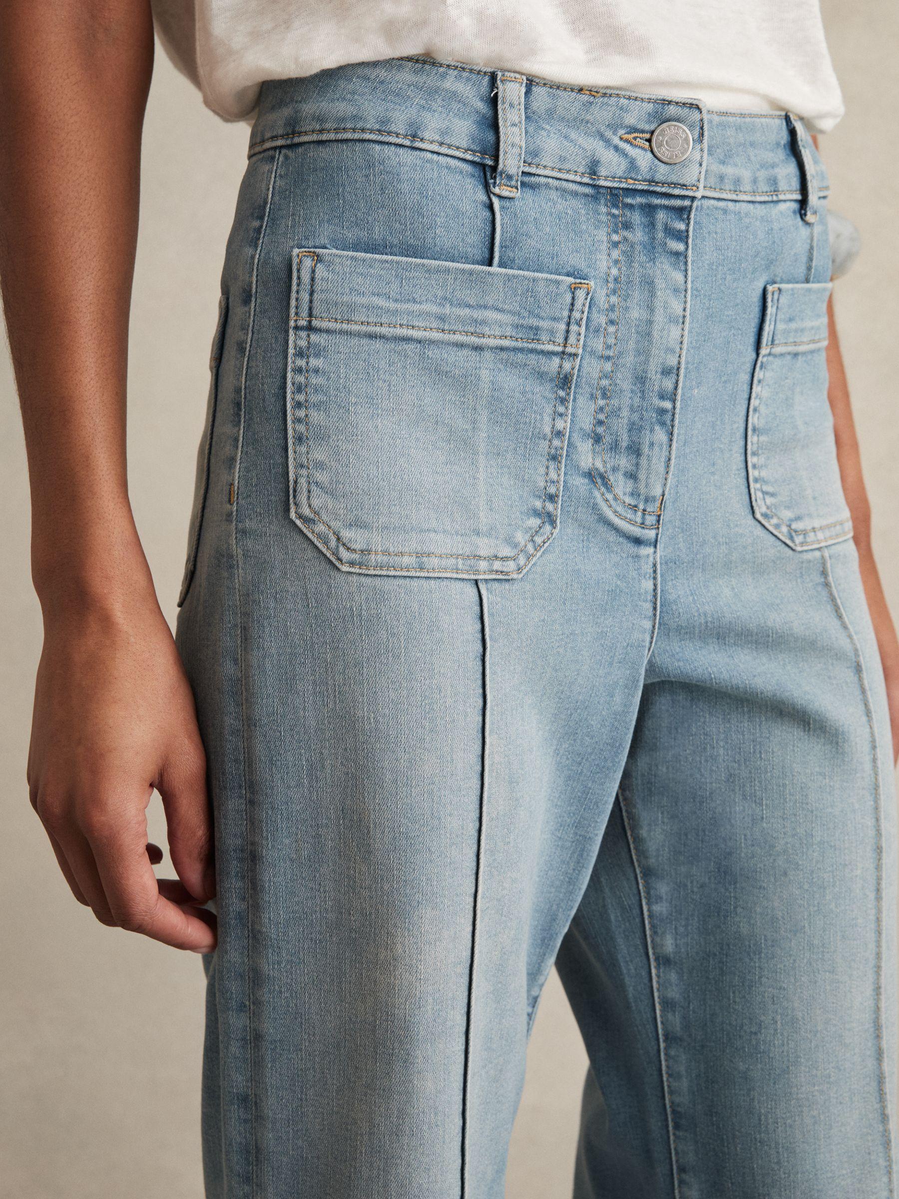 Petite Straight-Leg Patchwork Jeans in Mid Blue Product Image