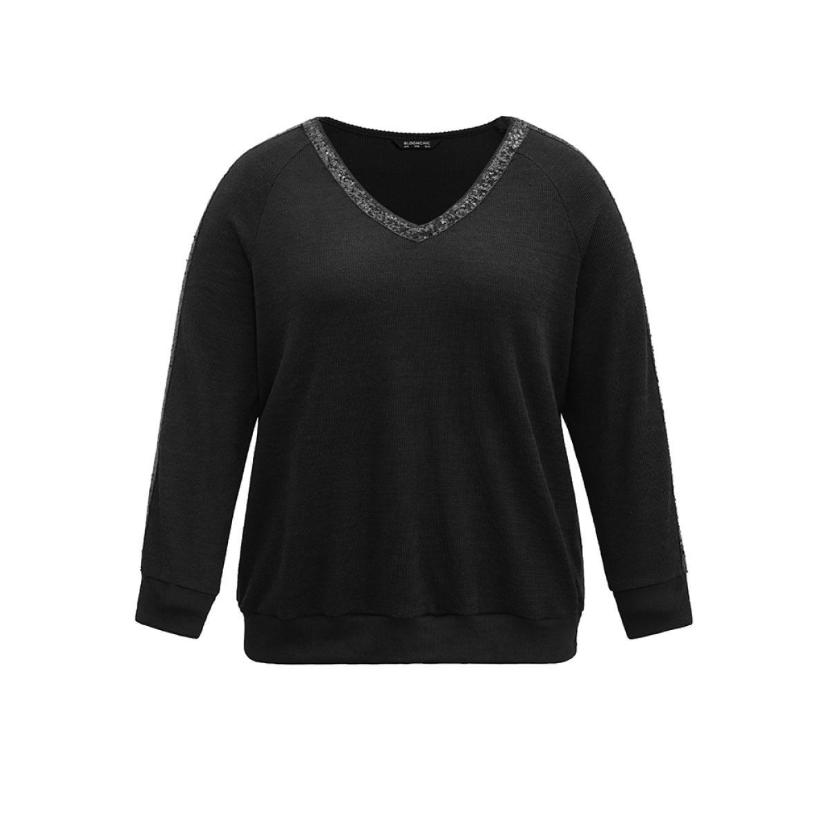 Plus Size Sequin Patchwork Raglan Sleeve Plisse Sweatshirt Women Black Casual Rib Knit V-neck Dailywear Sweatshirts BloomChic 30/6X Product Image