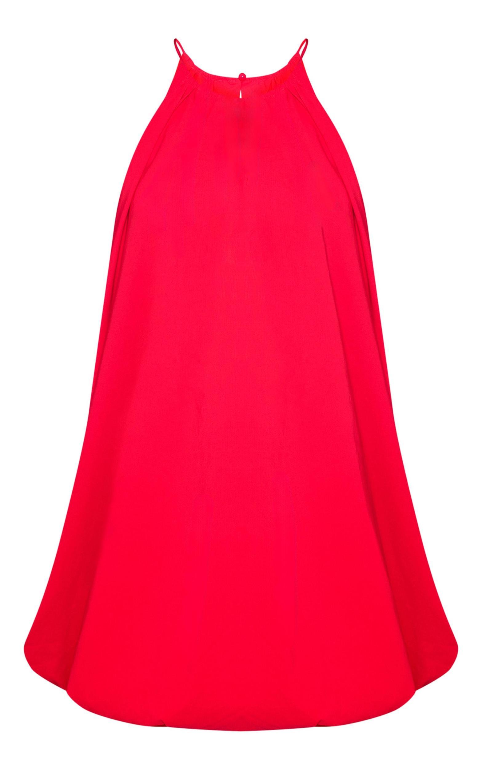 Red Stretch Woven High Neck Puff Ball Dress Product Image