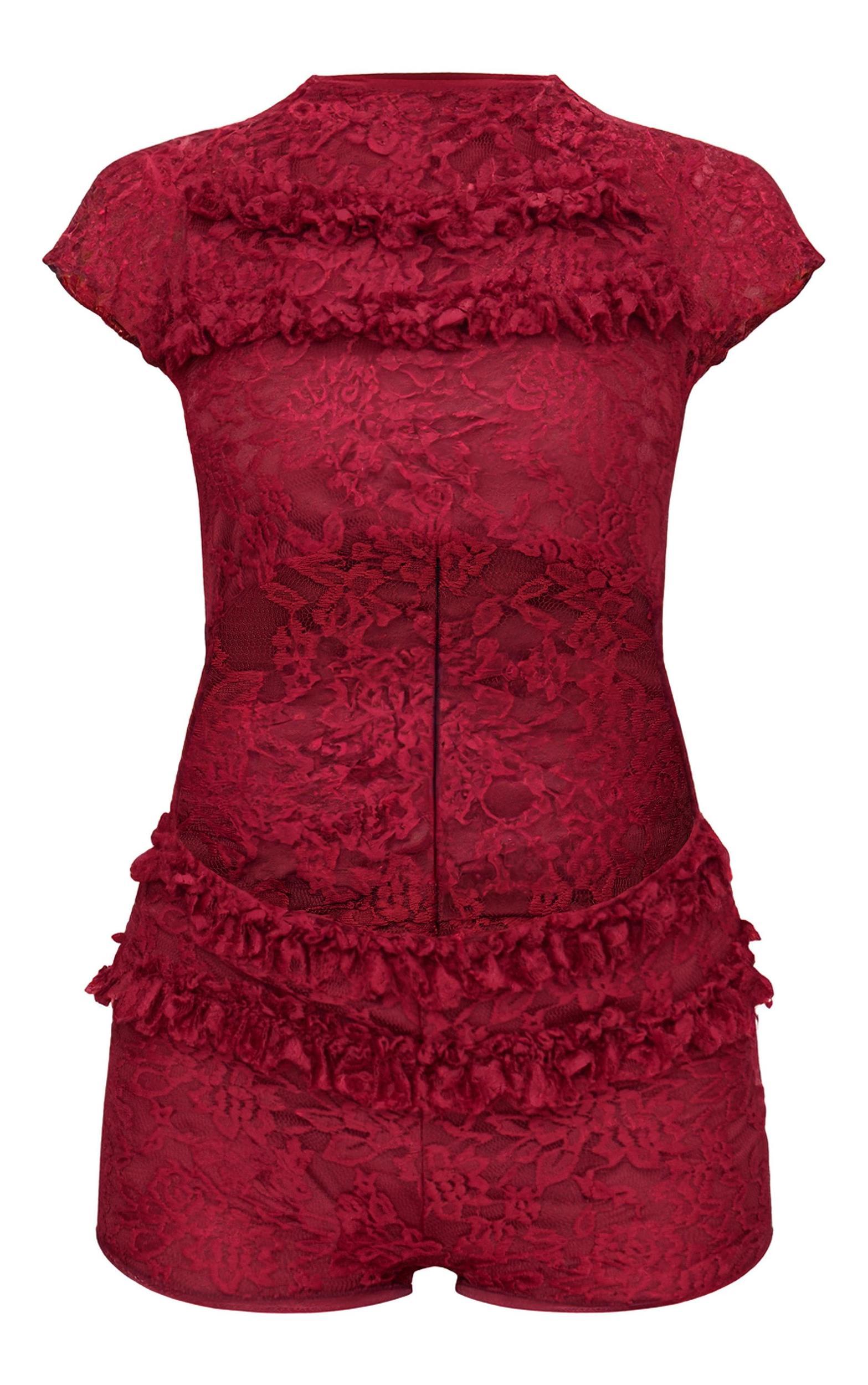Burgundy Lace Ruffle Detail Cut Out Rara Skort Romper Product Image