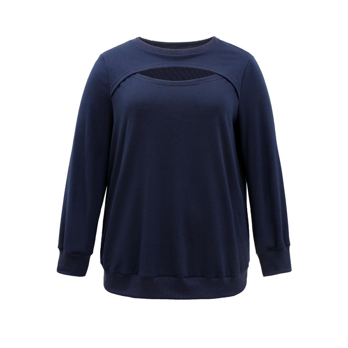 Plus Size Solid Keyhole Elastic Cuffs Sweatshirt Women Indigo Elegant Elastic cuffs Keyhole Cut-Out Dailywear Sweatshirts BloomChic 14-16/1X Product Image
