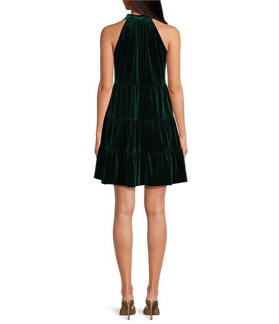 Skies Are Blue Velvet Tiered Halter Neck Sleeveless Front Bow Mini Dress Product Image