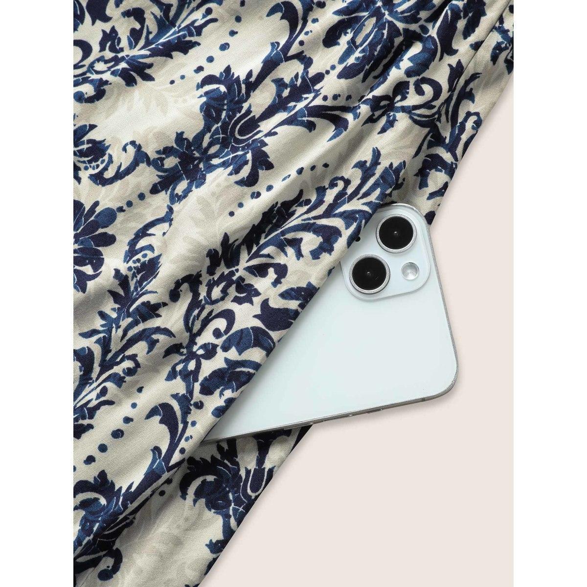 Plus Size Bandana Print Shirred Off Shoulder Dress DarkBlue Women Resort Non One-shoulder neck Short sleeve Curvy Midi Dress BloomChic 12/L Product Image