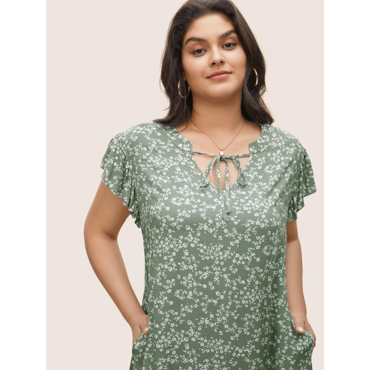 Plus Size Ditsy Floral Ties Pocket Flutter Layered Hem Dress Mint Women Casual Non Notched collar Sleeveless Curvy Midi Dress BloomChic 12/L Product Image