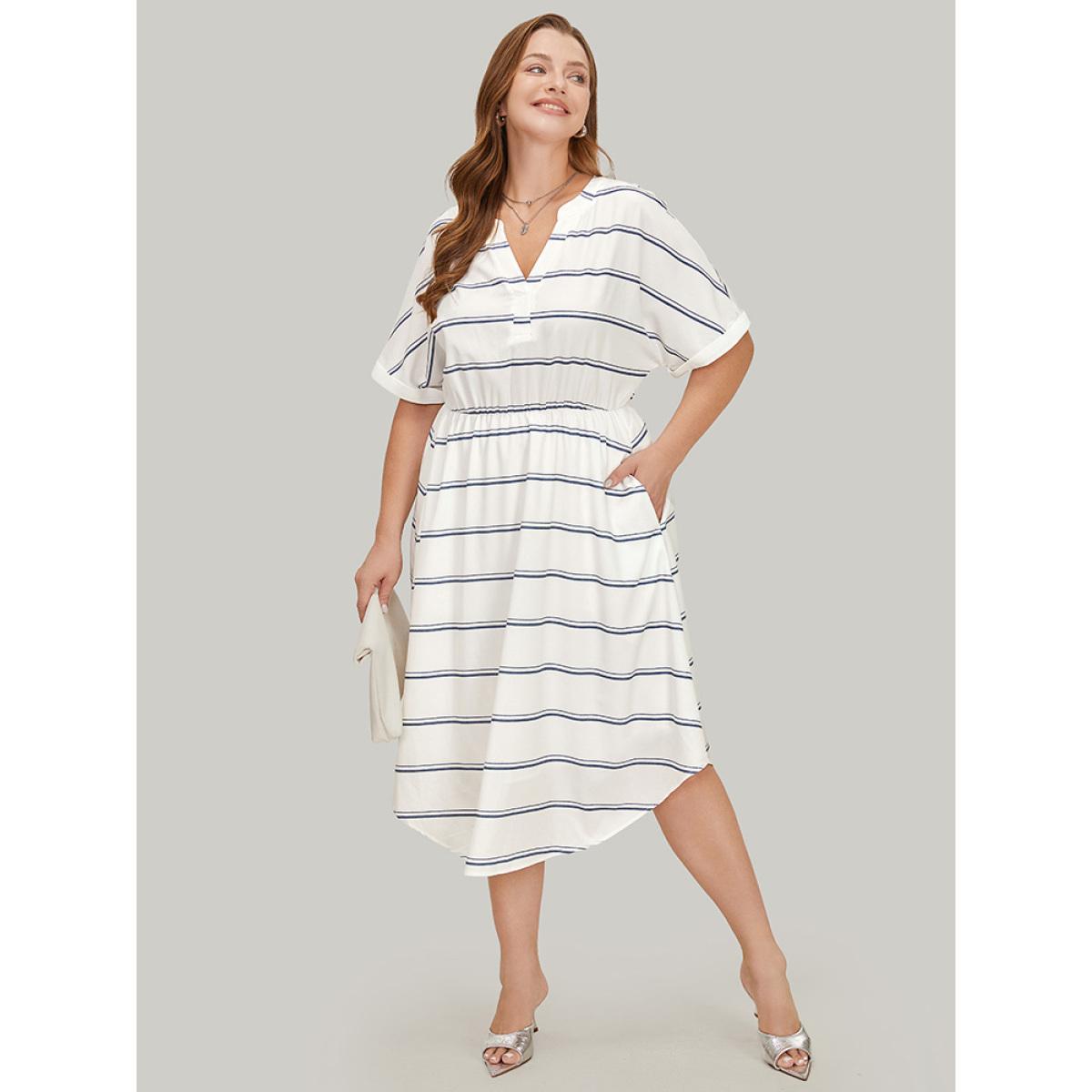 Plus Size Striped Notched Neck Pocket Roll Batwing Sleeve Dress White Women Office Lined Notched collar Short sleeve Curvy Midi Dress BloomChic 30/6X Product Image