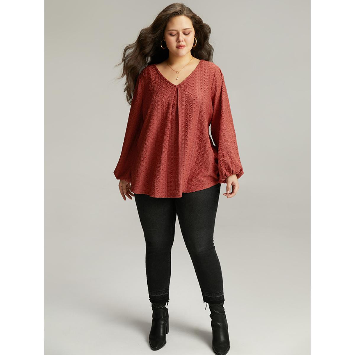 Plus Size Keyhole Plicated Detail Lantern Sleeve T-shirt Rust Women Elegant Elastic cuffs Plain V-neck Dailywear T-shirts BloomChic 30/6X Product Image