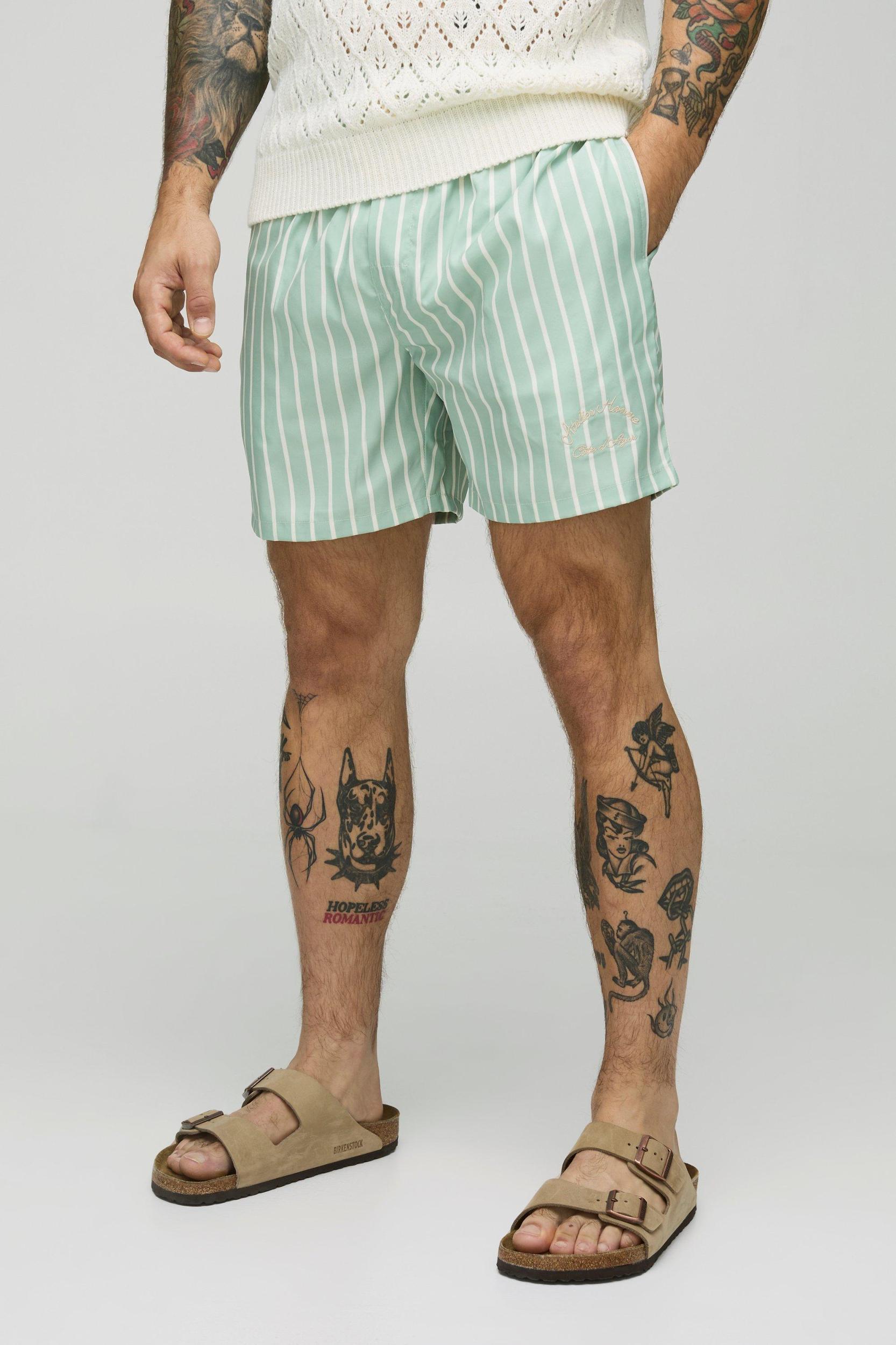 Branded Stripe Mid Length Swim Trunks | boohooMAN USA Product Image