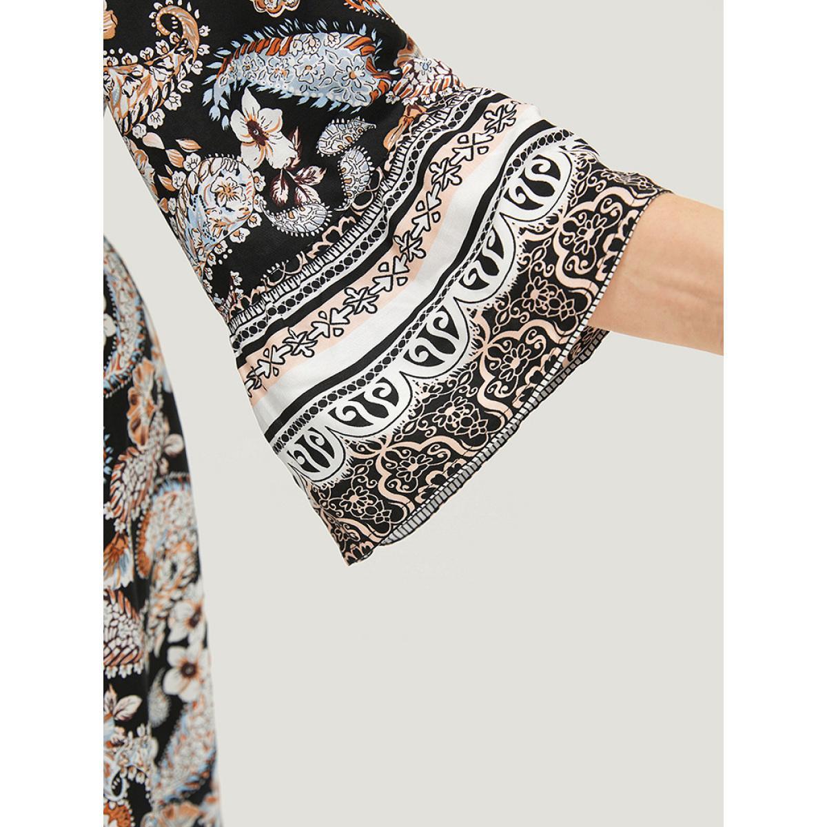 Plus Size Floral & Paisley Print Elastic Waist Button Detail Dress Black Women Vacation Printed V-neck Elbow-length sleeve Curvy Midi Dress BloomChic 14-16/1X Product Image