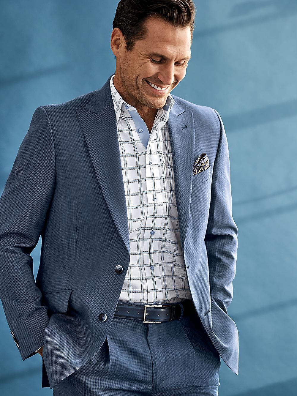 Wool Micro Check Single Breasted Peak Lapel Suit Jacket - Cobalt Product Image