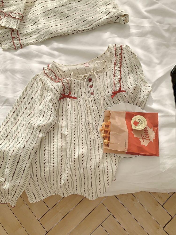 Floral Print Striped Pajama Top / Pants / Dress / Set Product Image