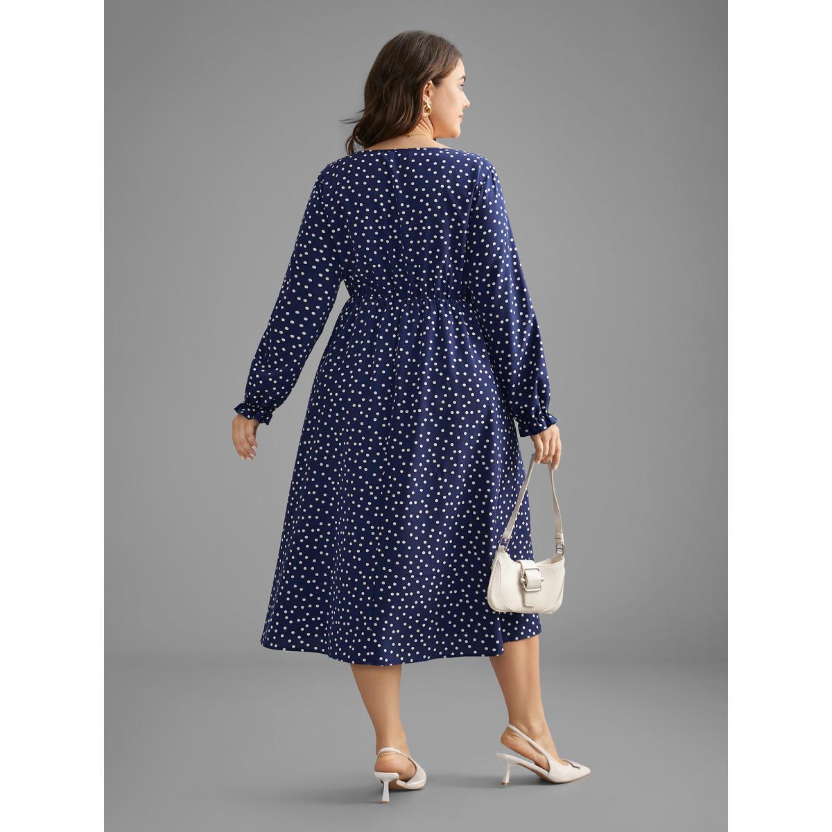 Plus Size Polka Dot Heart Neckline Midi Dress Indigo Women At the Office Ruffles Heart neckline Long Sleeve Curvy BloomChic 28/5X Product Image