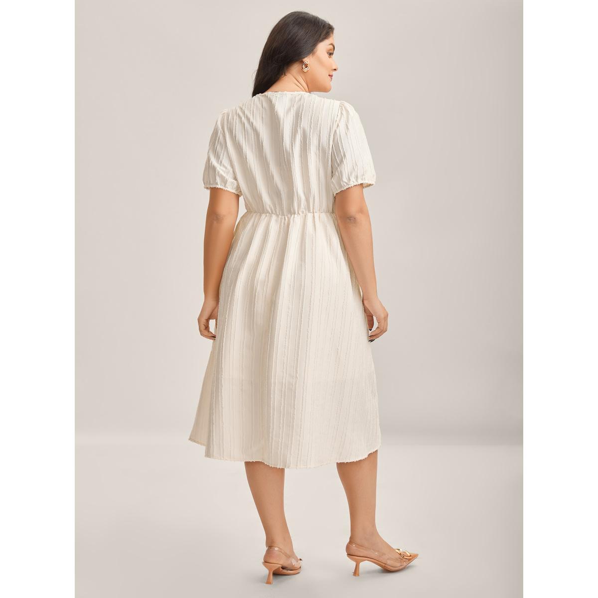 Plus Size Textured V-Neck Pockets Solid Midi Dress Ivory Women V-neck Short sleeve Curvy BloomChic 12/L Product Image