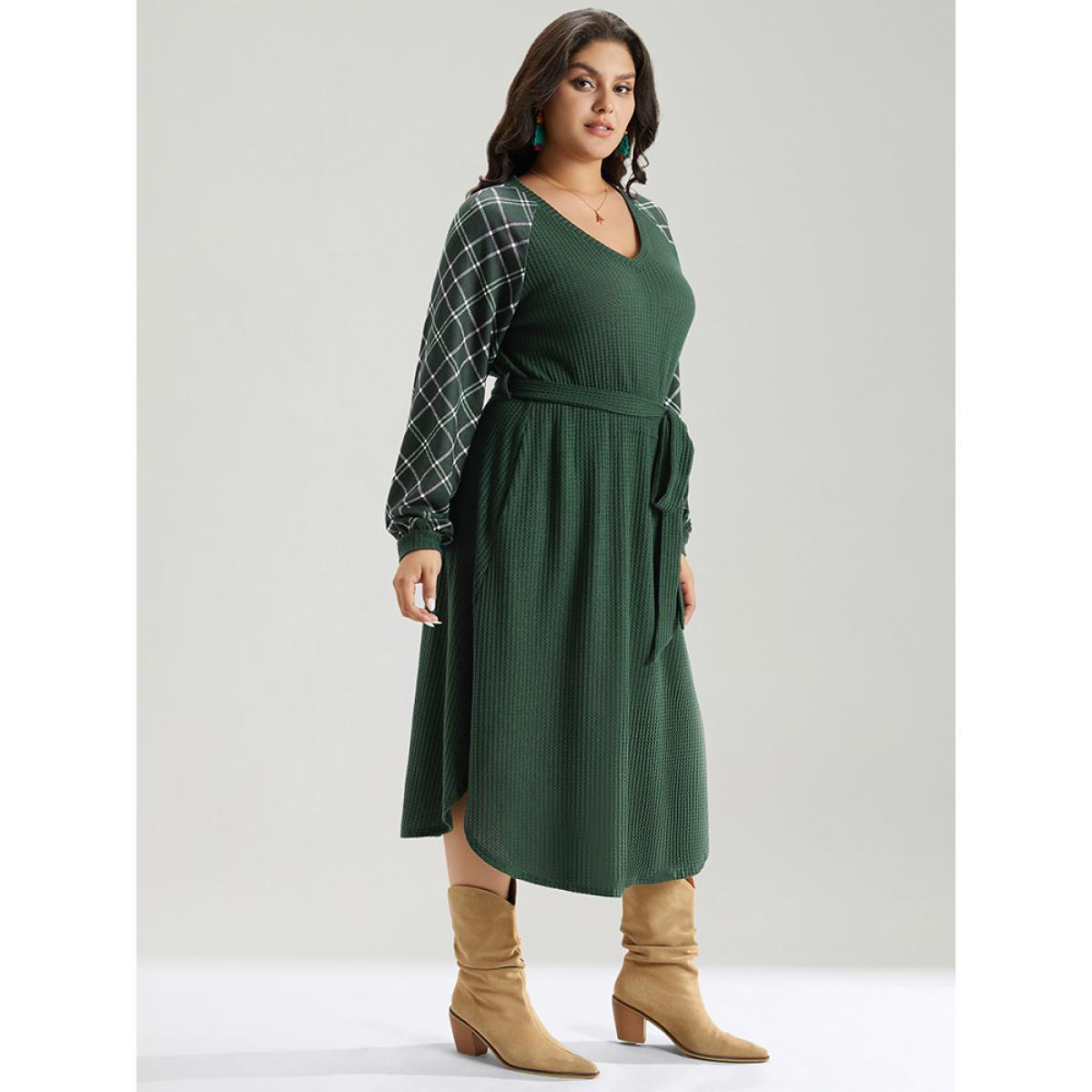 Plus Size Waffle Knit Plaid Patchwork Belted Dress DarkGreen Women Elegant Belted V-neck Long Sleeve Curvy Midi Dress BloomChic 14-16/1X Product Image