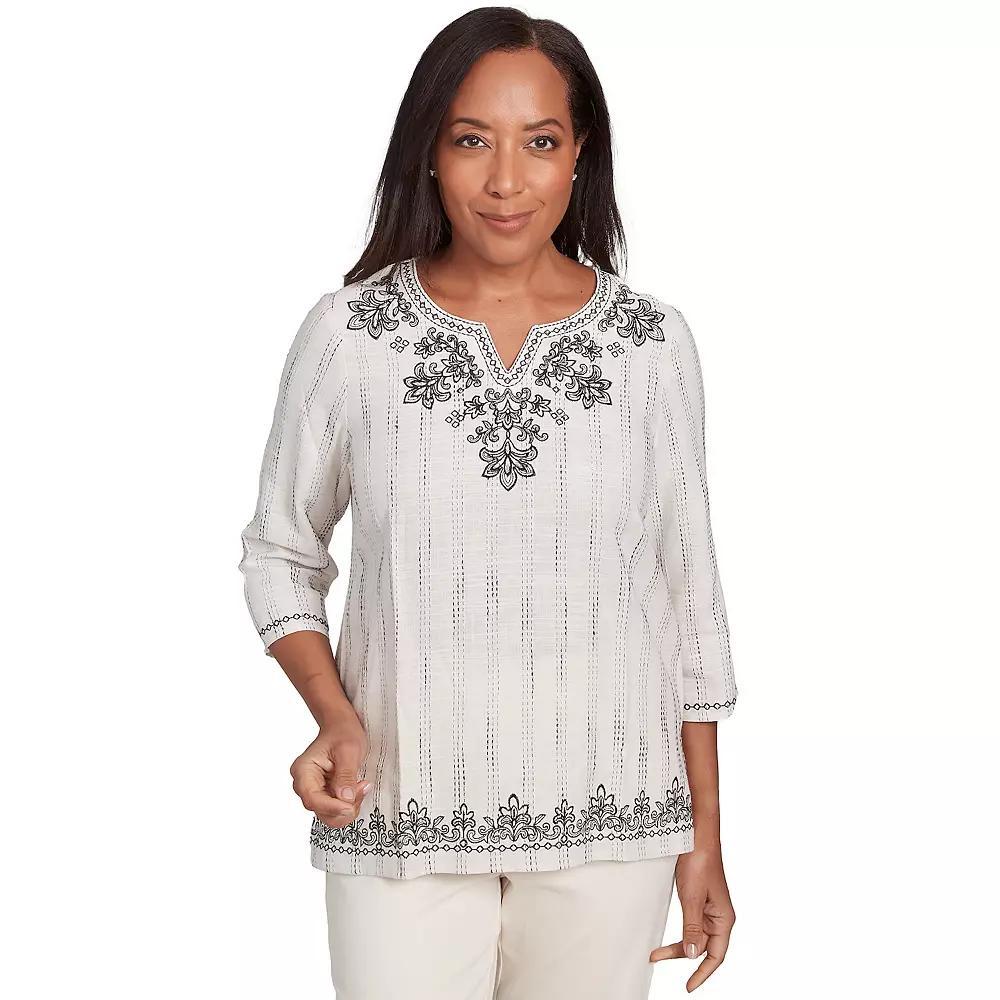 Alfred Dunner Women's Textured Medallion Embroidered Top, Size: Small, Black Team Product Image