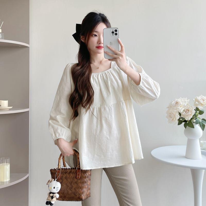 Maternity Puff-Sleeve Plain Blouse Product Image