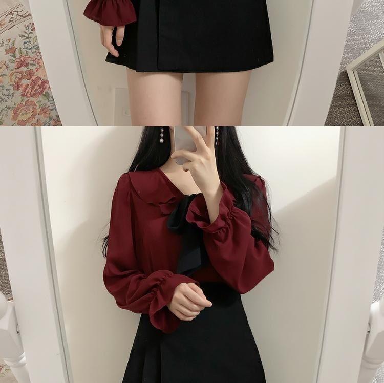 Long-Sleeve Ruffle Tie-Neck Blouse / A-Line Mini Skirt Product Image