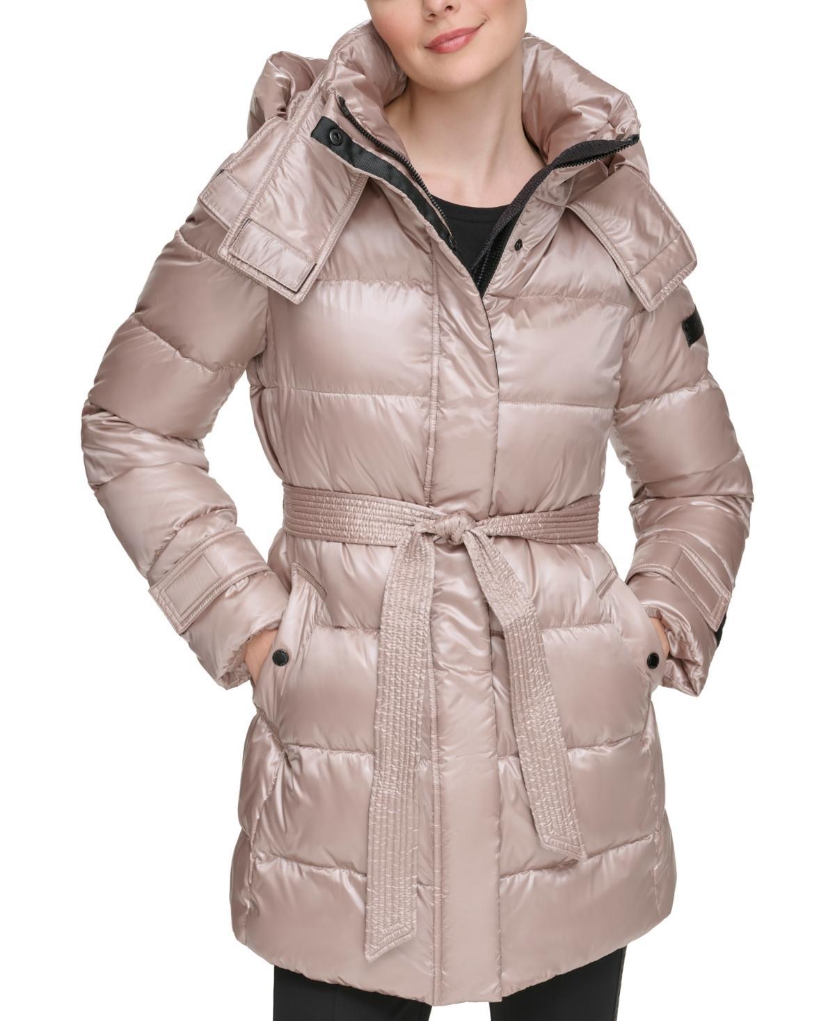 Karl Lagerfeld Womens Shine Hooded Short Belted Puffer Coat Product Image