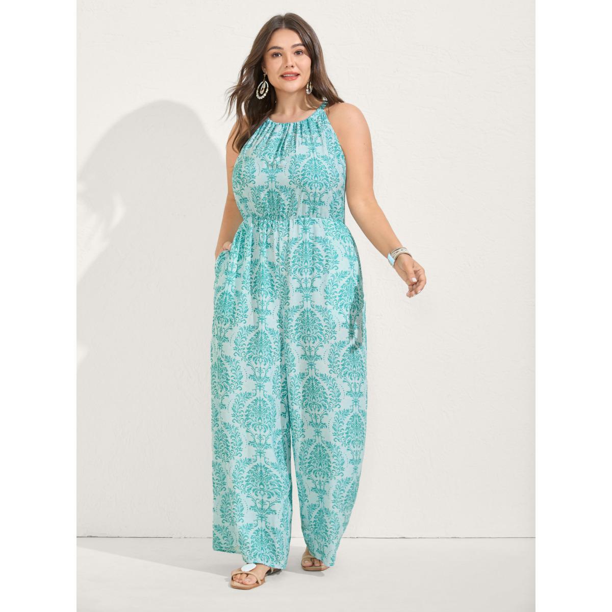 Plus Size Turquoise Rayon Damask Print Stretchy Waist Jumpsuit Women Sleeveless Halter neck Vacation Loose Jumpsuits BloomChic 26/4X Product Image