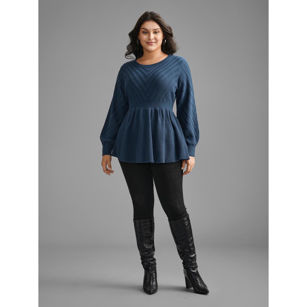 Plus Size Crew Neck Plain Textured Lantern Sleeve Pullover Indigo Women Casual Bodycon Long Sleeve Round Neck Everyday Pullovers BloomChic 12/L Product Image