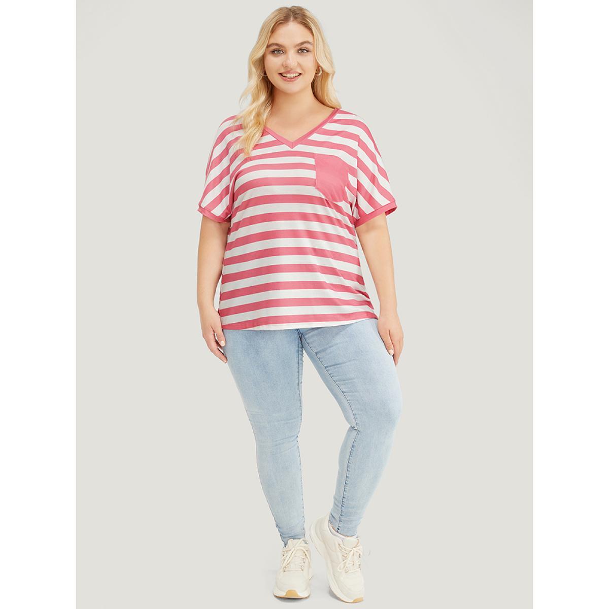 Plus Size Striped Contrast Pocket Batwing Sleeve T-shirt Rouge Women Casual Striped V-neck Dailywear T-shirts BloomChic 26/4X Product Image