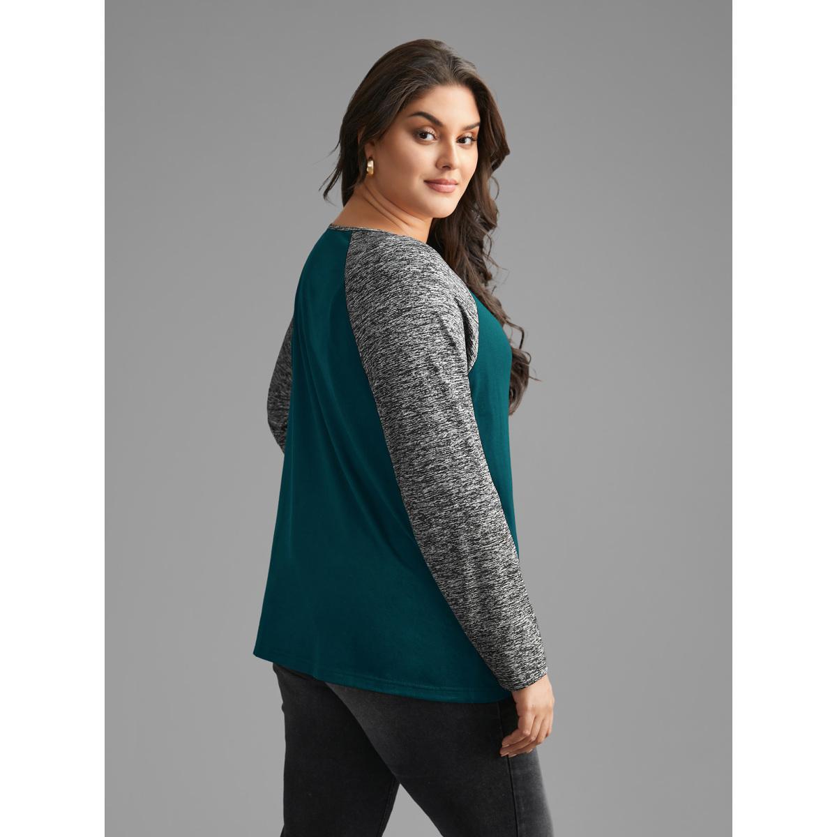Plus Size Heather Patchwork Button Detail Stretchy T-Shirt Cyan Women Casual Contrast Flat collar with V-notch Everyday T-shirts BloomChic 28/5X Product Image