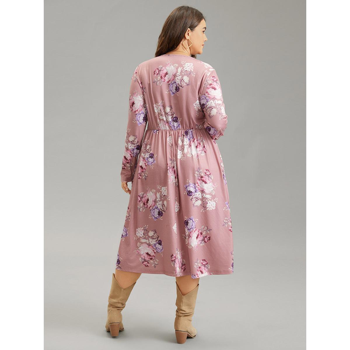 Plus Size Floral Wrap Pleated Elastic Waist Ruched Dress DustyPink Women Casual Wrap Overlap Collar Long Sleeve Curvy Midi Dress BloomChic 12/L Product Image